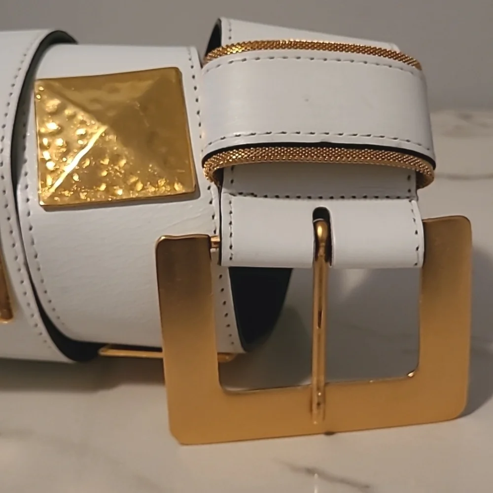 VR San Marcos White Leather Gold Square Hammered Metal Details Belt Sz L 28-32